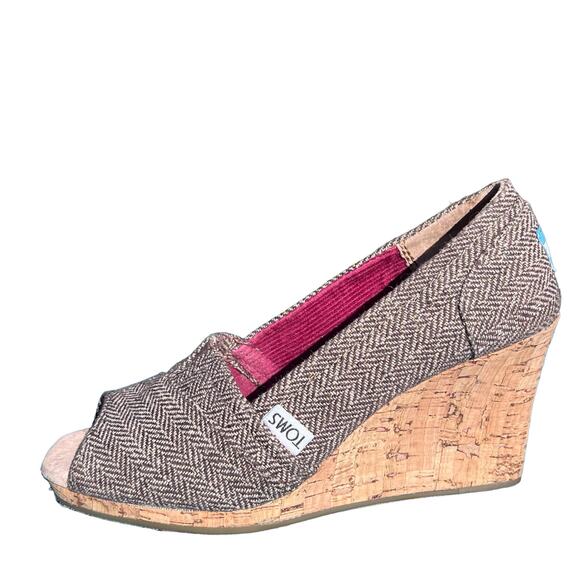 Tom’s Women’s Brown & Tan Herringbone Peep-Toe Cork Wedges Size 7 - Picture 5 of 13